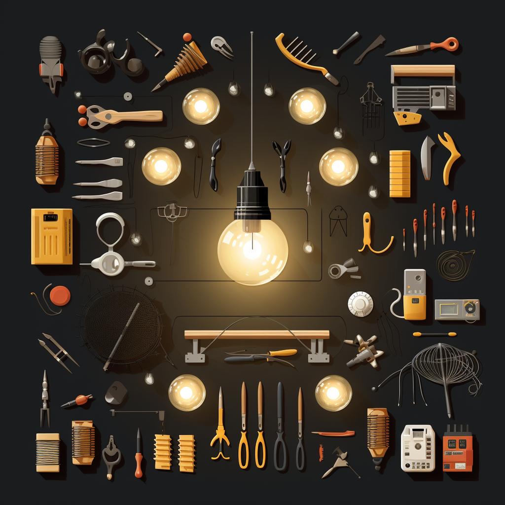 A collection of tools and materials needed for light installation
